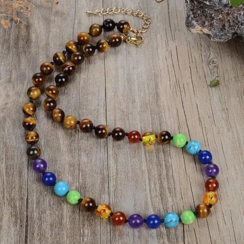New natural seven chakras yoga fitness necklace map stone tiger eye rock lava stone simple fashion jewelry 45/50/60mm