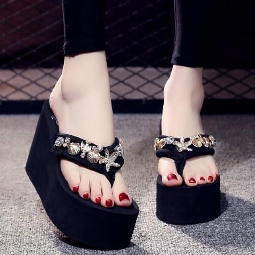 High Heels Flip Flops Women Summer Slope With Temperament Starfish Chain Rhinestone Fashion Sandals Non-Slip Beach Slippers