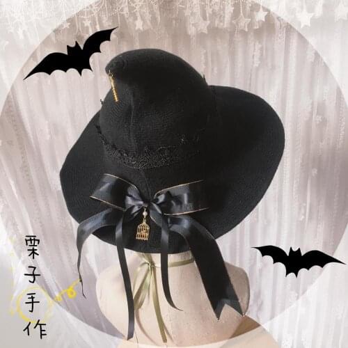 Magic Girl Gothic Knitted Wizard Hat Lolita Halloween Witch Hat Vintage Cute Bow Ribbon Party Accessories Props Peaked Cap