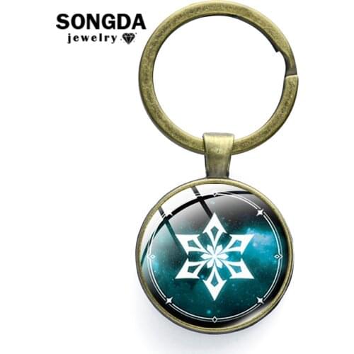 Genshin Impact Keychain Water Wind Thunder Fire Rock Ice Element Pattern Keyring Metal Glass Cabochon Bag Pendant Unisex Gifts