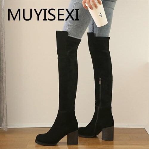 Tube Long Thigh High Boots Genuine Leather 8cm Thick Square Heels Over the Knee Black Warm Women Winter Shoes LDI17 MUYISEXI