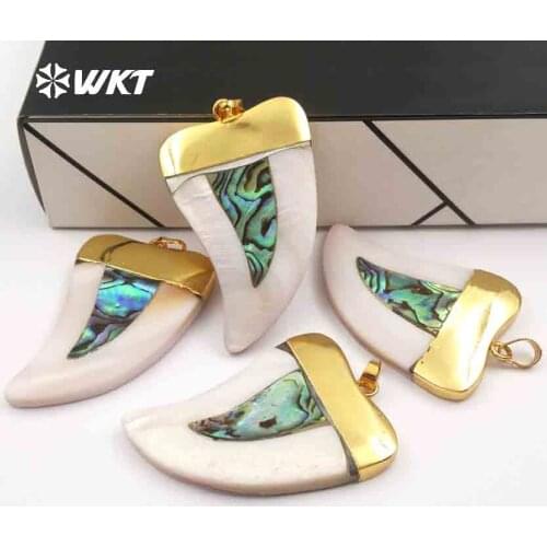 WT- P666 Stylish jewelry charm natural shell horn pendant gorgerous shell horn pendant with gold color on top