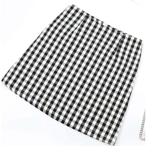 Streetwear Tartan Black Print White Women A-line Skirt saia womens plaid Mini Skirt harajuku High Waist Split Short Skirt