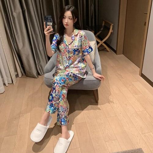 Womens Pajamas Ice Silk Pajamas Colour Printing Nightgown Sun Flower Large Size Sleepwear Sets Female Nightie Home Clothes