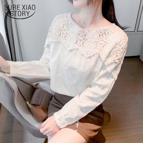 OL Vintage Embroidery Lace Patchwork Blouse Shirts Spring Elegant O-Neck Tops Women Causal Hollow Out Long Sleeve Blusa 13209