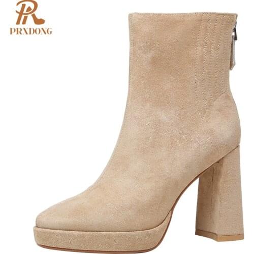 New Genuine Leather Women Ankle Boots Round Toe Thick High Heels Fashion Autumn Winter Warm Shoes Office Casual Shoes Woman 39
