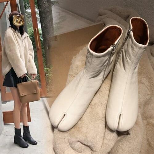 PXELENA Plus Size 34-42 Brand Tabi Split Toe Genuine Leather Ankle Boots Round Low Heels Ninja Dress Boots Autumn Winter Shoes