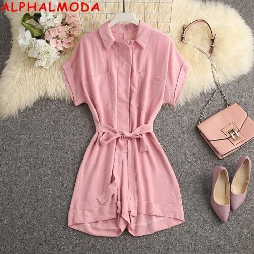 ALPHALMODA Summer New Short-sleeved Pocket Sashes Women Loose Casual Playsuits Comfortable Summer Outfit
