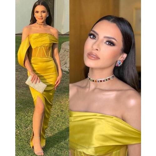 Elegant Sheath Off Shoulder Long Prom Dresses with Slit Zipper Back Floor Length Robe De Soiree Yellow Formal Party Gown