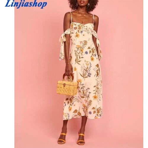 Vintage Floral Print Sexy Shoulder Off Dress Women Bow Tie Sleeve V Neck A-line Midi Holiday Summer Chiffon Dress Robe