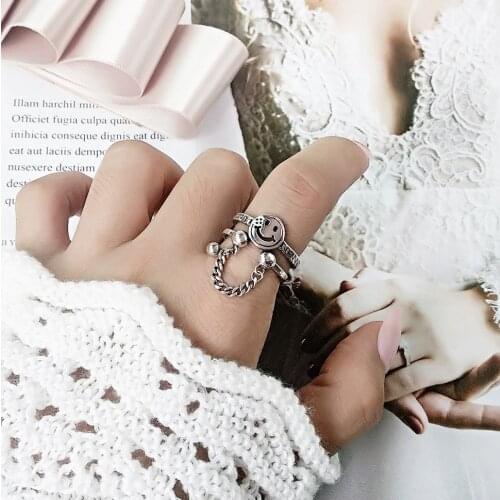 2021 New Style 925 Sterling Silver Womens Ring Retro Smile Smiley Ring Punk Style Chain Jewelry Womens Double-layer Ring