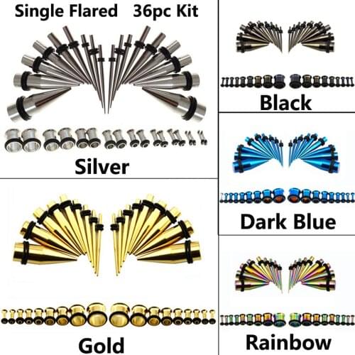 36pcs Stainless Steel Anodized Ear Gauges Piercing Taper Stretcher Jewelry-Single Flared-Double Flared-Screw Fit Plug Kit