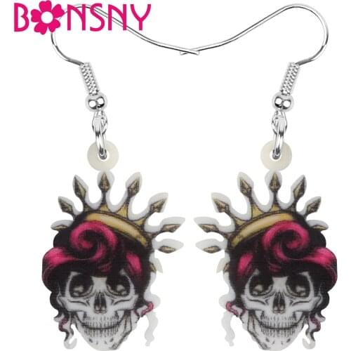 Bonsny Acrylic Halloween Skeleton Skull Earrings Realistic Big Dangle Drop Jewellery For Women Kids Girls Vintage Festival Gift