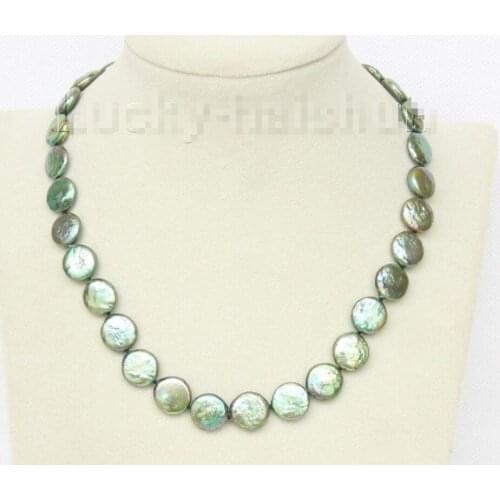 FREE SHIPPING>>> Hot sale new Style >>>>>luster 17" 12mm coin fastener green pearls necklace filled gold clasp j950