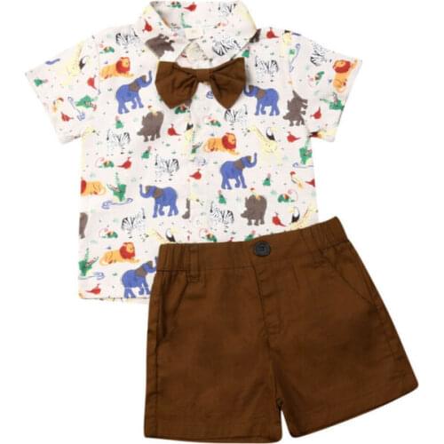 Formal Suits Kid Baby Boy Summer Gentlemen Sets Bow Tie T-shirt Shorts 2Pcs Boy Clothiong Outfits Animals Print Tops Shorts 0-5Y