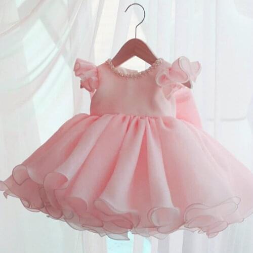 2020 Pink Chlid Dress Beading First Birthday Dress For Baby Girl Ceremony Ball Gown Bow Princess Dress Party Dresses Vestidos