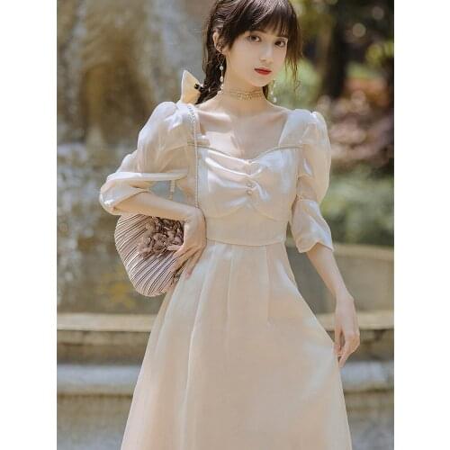 French Square Neck Dress 2021 Summer Retro Puff Sleeve Gentle Temperament Platycodon Grandiflorum First Love Sweet Girl Vestidos