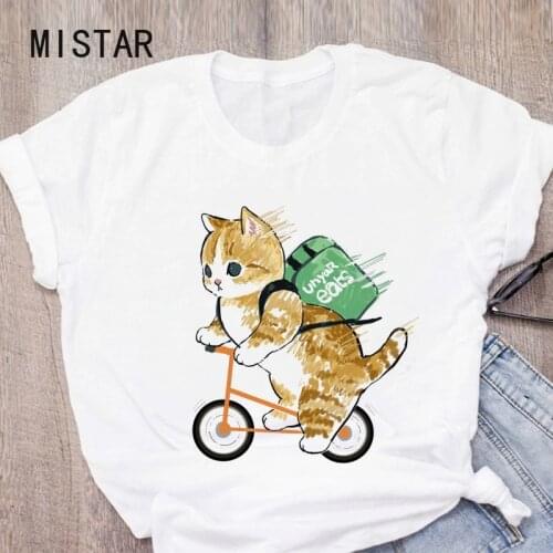Funny Cat Cartoon T Shirt Women Harajuku Casual White Kawaii T-shirt Cute 90s Printed Tshirt Fashion Aesthetic Top Tees Female