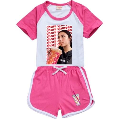 Kids Clothes Set Two Piece T-shirt + Shorts Pants The Hype House Flower Ice Coffee Charli Damelio Sportswear Home Wear for Girls