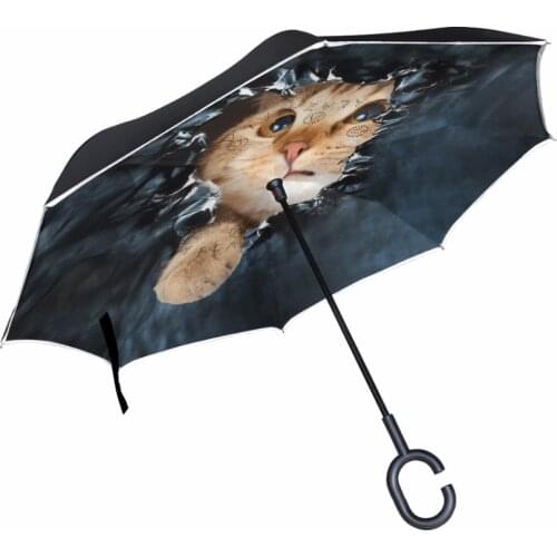 Cute Cat Windproof Reverse Umbrella Long Shank Inverted Double Layer Creative Self Stand Rain Protection Umbrella Drop Shipping