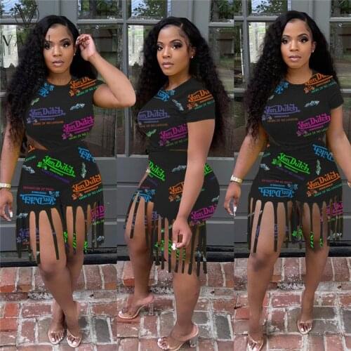 VAZN 2021 New Short Sleeve Letter Print Tassel O-neck Open Shinny Set Top Short Pant Sexy Young Skinny Women 2 Piece Set