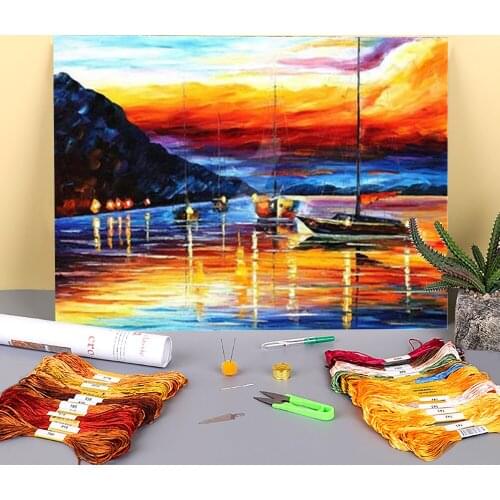 Harbor Messina, Italy Printed Water-Soluble Canvas 11CT Cross Stitch Patterns Embroidery DMC Threads Handmade Craft Floss