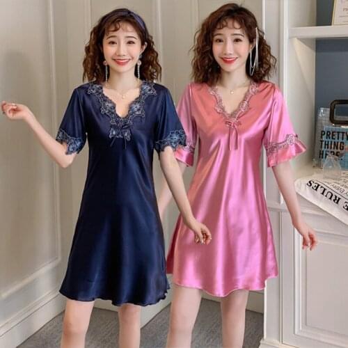 Silk Satin Sexy V-neck Lace Nightgowns for Women Summer Short Sleeve Sleepwear Nightwear Night Gown Home Dress Nightdress Nighty