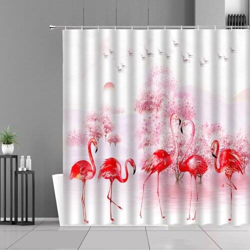 Pink Flamingo 3D Printing Bath Curtains Valentines Day Couple Bathroom Home Decoration Shower Curtain Set Waterproof Polyester