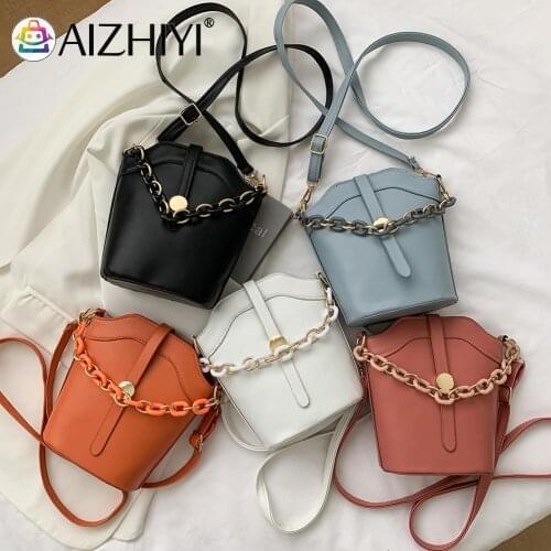 Women PU Leather Pure Color Chain Shoulder Crossbody Messenger Bucket Bag Ladies Vintage Small Zipper Handbag