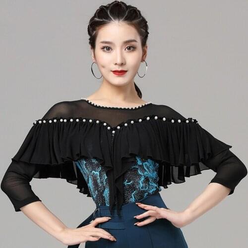 Latin Dance Tops Long Sleeve Pearl Ruffle Practice Wear Round Neck Ballroom Performance Clothes Waltz Competition Costume 3649