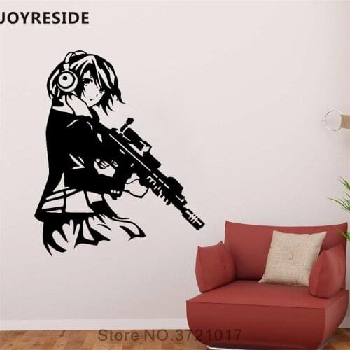 JOYRESIDE Girl With Gun Wall Decal Military Style Wall Sticker Headphone Girls Vinyl Decal Home Rooms Decor Interior Design A805