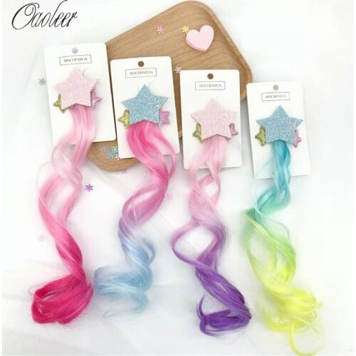 Oaoleer Hair Accessories Shiny Glitter Star Hair Bows for Girls Hairclips with Long Rainbow Wig FASHION Ponytail Headwear