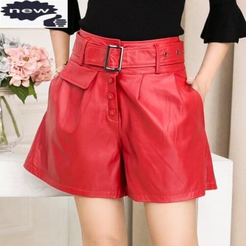 High Quality Women Genuine Leather Sheepskin Fashion Sashes Streetwear Button Fly Mid Waist Female Loose Flare Shorts
