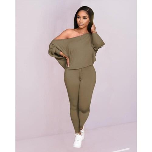 Autumn Winter Womens Casual Sporty Outfits 2pcs Set Single Shoulder Long Sleeve Loose Top Drawstring Slim Fit Long Sweatpants