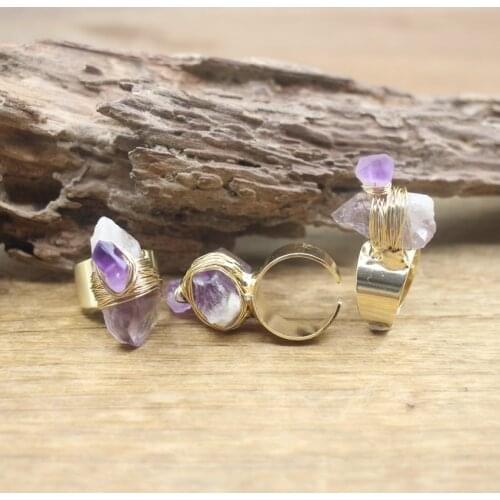 Raw Amethysts Druzy Band Rings Copper Wire Wrapped Stone Gems Adjustable Ring Geode Fashion Women Jewelry Dropshipping,QC4125