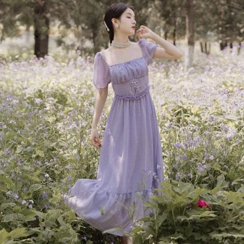 French Retro Square Collar Elegant Dress Women Summer 2021 Embroidery Elegant Bubble Sleeve Maxi Dresses Purple Fairy Vestido