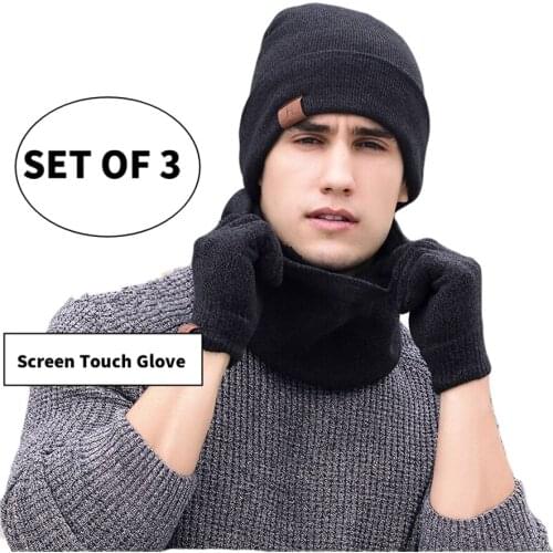 BADAMANASets 3 Winter Unisex Knitted Beanies Hats Men Warm Hat With Bib Touch Screen Gloves Women Bonnet Beanie Cap Outdoor Ridi