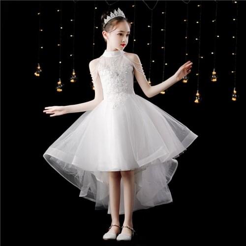 4 To 14 Years Kids Girl White Lace Dresses Elegant Beads Sequin Lace Wedding Evening Party Princess Dress Children Costumes
