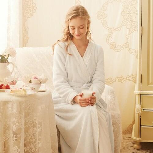 Free Shipping 2019 New Winter Robe Princess Nightgown Womens Winter Long Robe Pink and Blue Pajamas