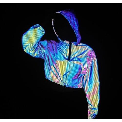 New Reflective High Waist Short Baseball Jacket Women Spring Cropped Coat Loose Top Glossy Womens Windbreaker