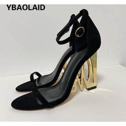 New Style Black Suede Metal Shaped Heel Sandals Fish Mouth Belt Buckle Decoration Fashion Casual High Heel Summer Sandals