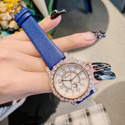 Popular Candy Colors Waterproof Genuine Leather Strap Watches for Women CZ Crystals Jewelry Watch Quartz Stars Moon Wrist watch