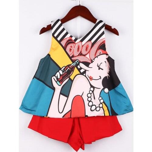Girls Clothes Set Sleeveless Cartoon Fashion Printing Clothing Suit Chiffon Shirt And Red Shorts 2 pcs Children Clothes