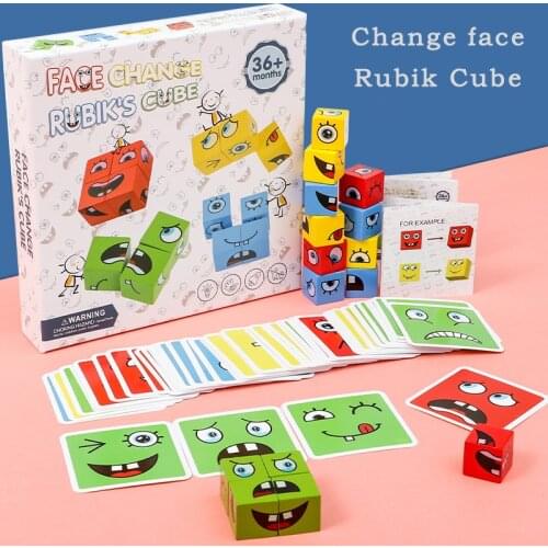 Cube Face Changing Building Blocks Board Game Cartoon Puzzle Montessori Toys Wooden Level Game Thinking Challenge Kids Toys