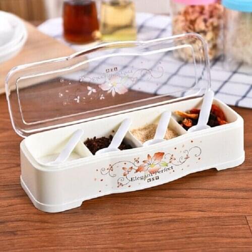 Kitchen seasoning box with spoon transparent seasoning jar plastic seasoning box flip four grid of MSG box seasoning jar
