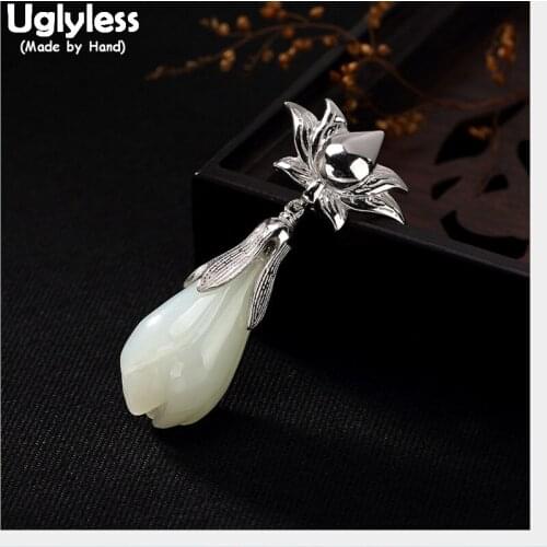 Uglyless 100% Real 925 Sterling Silver Handmade Lotus Flower Pendants Necklaces NO Chains Natural Jade Magnolia Pendant Jewelry