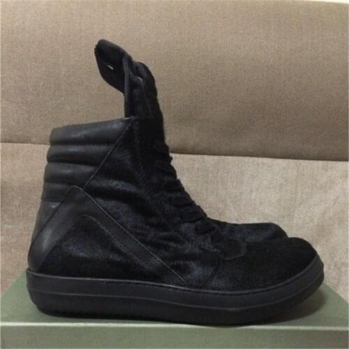 Real Picture Horse Fur Luxury Hip Hop Rap genuine Leather high Top Boots geobakets rock men Boots flat leisure Shoes