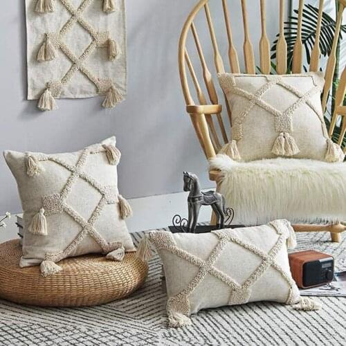 Linen cushion cover 45x45cm/30x50cm pillow cover Beige Boho Style Tassles for Home decoration Netural Living Room Bedroom