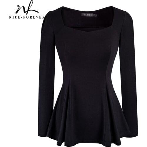 Nice-forever Elegant Black Color Square Neck Puff Sleeve T-Shirt Casual Tunic Peplum Women Tees Tops T047
