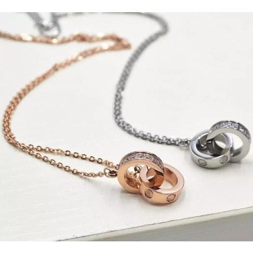 Double Loop Necklace Cubic Zircon Titanium steel Gold color girls Neck collarbone chain necklace
